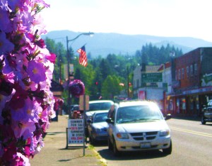 Baskets of pink pansies add color to a small town's Main Street. ... Photo by Pat Bean 