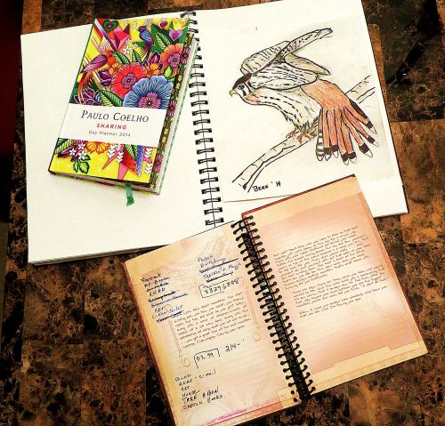 Yesterday's use of paper included adding a kestrel painting to my sketchbook, writing down dates to remember in my diary calendar, which is full of paintings and quotes, and writing in my to-do journal, which includes a hodgepodge of notes and ideas to myself. -- Photo by Pat Bean 