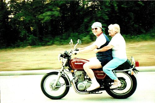 My mother riding on the back of my brother's motorcycle when she was in her 70s. She was a real character, worthy of being a role mode for my fictional characters.