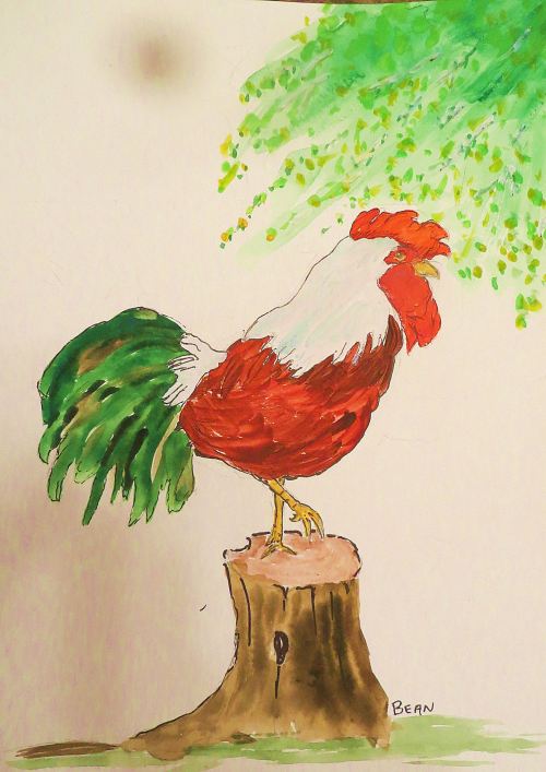 The rooster walks with intent, wearing indifference as his charm. -- Illustration by Pat Bean