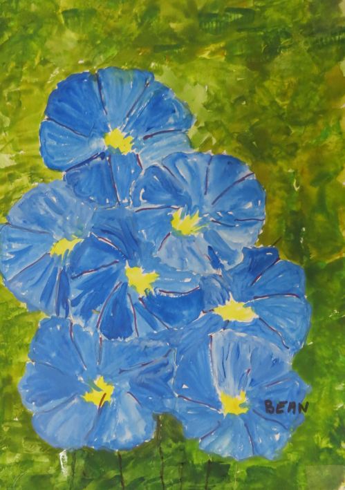 Blue morning glories. -- Art by Pat Bean