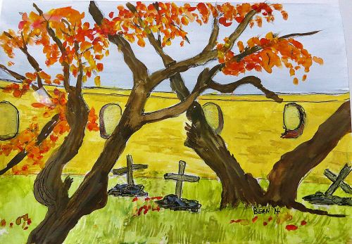 The old cemetery at Tumacacori National Park south of  Tucson. Drawing by Pat Bean