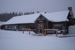 The Smiley Creek Lodge on a snowy winter day. 