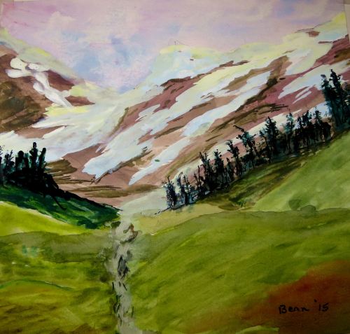 Recent art: Just as writers see through different eyes, so do artists. I call this recent pieces, with it wrong-way leaning trees, Runoff. The scene reminds me of the mountain backdrop in my former Ogden, Utah, home. 