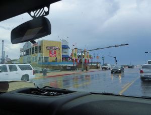 I snapped this photo of Bubba Gump;s on Galveston's Pleasure Pier on our way back along the Sea Wall after lunch. As you can see, it was still raining. -- Photo by Pat Bean 